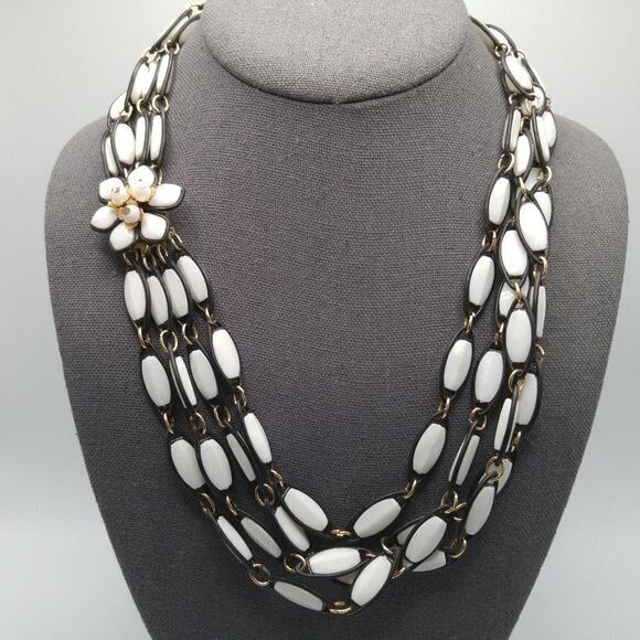Vintage Hong Kong Lucite Necklace Black White 4 Strand Flower Clasp 1960s - Picture 2 of 9